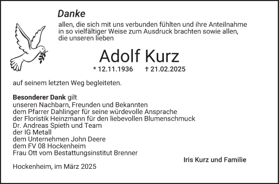 Traueranzeige von Adolf Kurz von Schwetzinger Zeitung