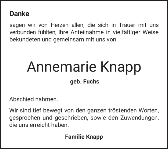 Traueranzeige von Annemarie Knapp von Bergsträßer Anzeiger