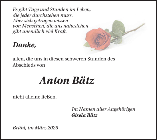 Traueranzeige von Anton Bätz von Schwetzinger Zeitung