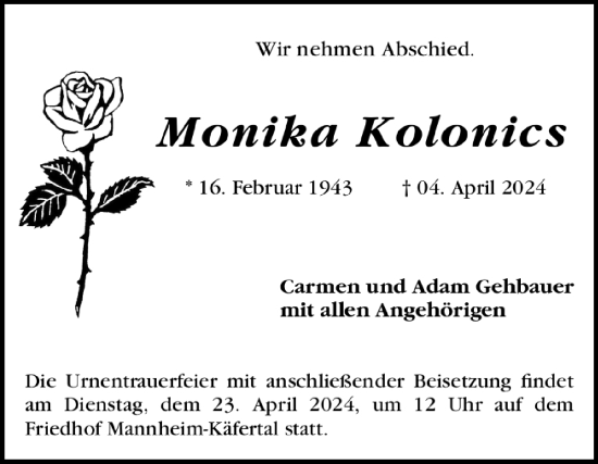 Traueranzeige von Monika Kolonics von Mannheimer Morgen