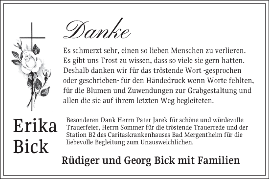 Traueranzeige von Erika Bick von Fränkische Nachrichten