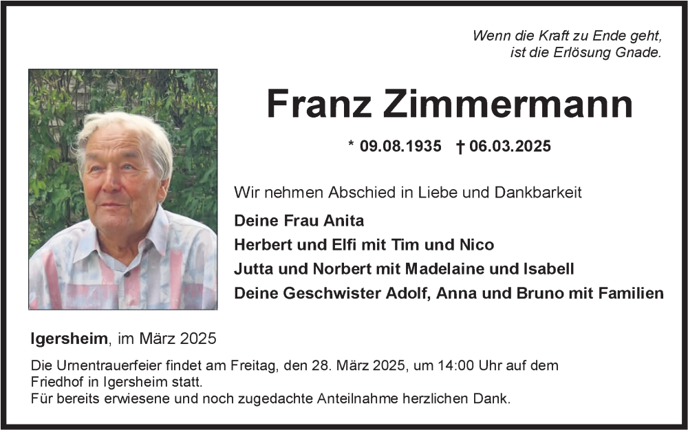 Traueranzeige für Franz Zimmermann vom 25.03.2025 aus Fränkische Nachrichten