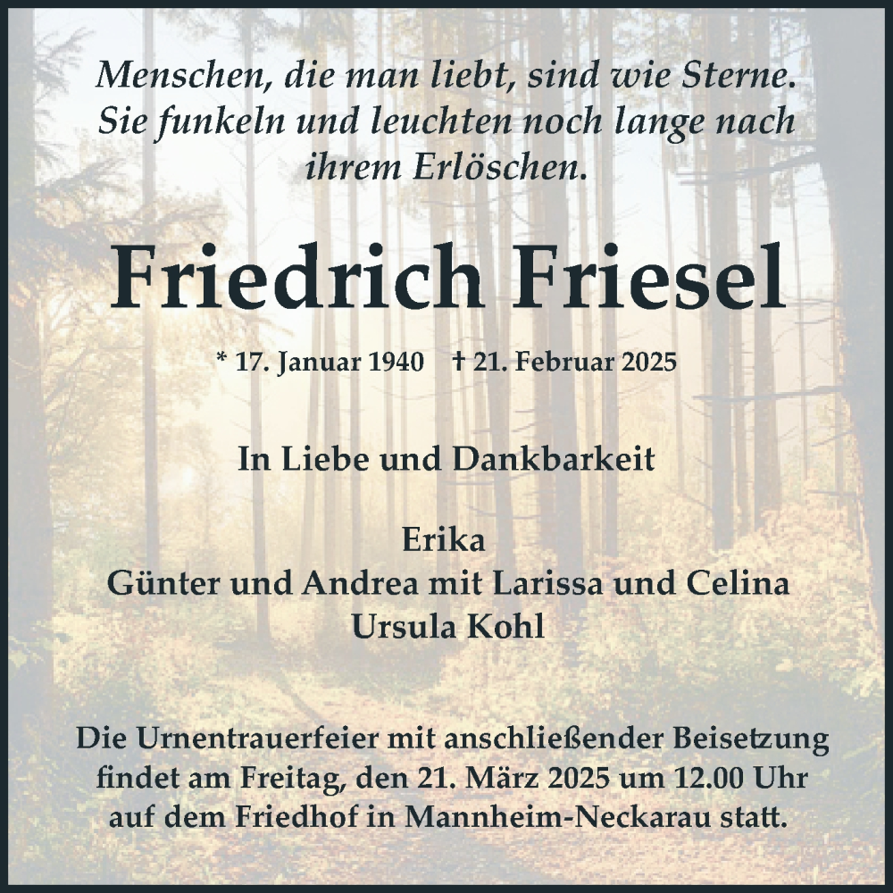  Traueranzeige für Friedrich Friesel vom 15.03.2025 aus Mannheimer Morgen