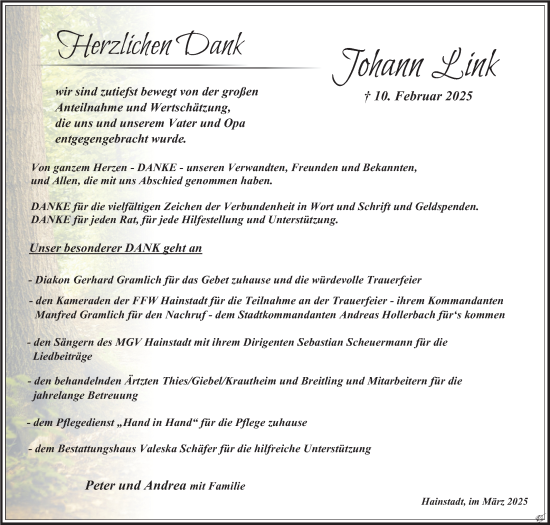 Traueranzeige von Johann Link von Fränkische Nachrichten