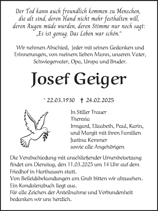 Traueranzeige von Josef Geiger von Fränkische Nachrichten