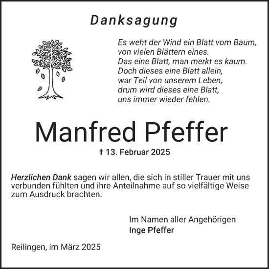 Traueranzeige von Manfred Pfeffer von Schwetzinger Zeitung