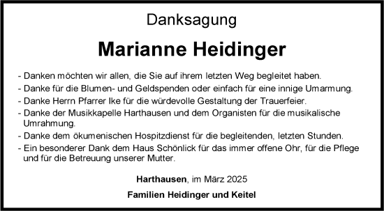 Traueranzeige von Marianne Heidinger von Fränkische Nachrichten