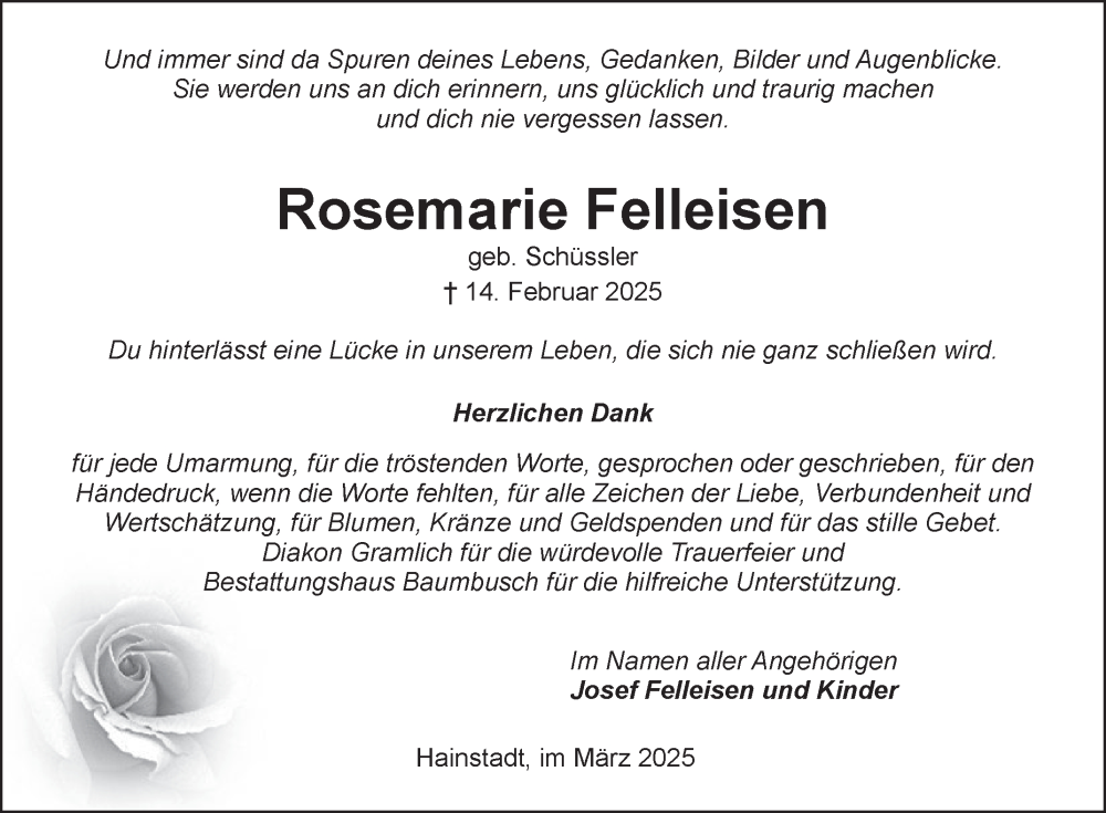  Traueranzeige für Rosemarie Felleisen vom 08.03.2025 aus Fränkische Nachrichten