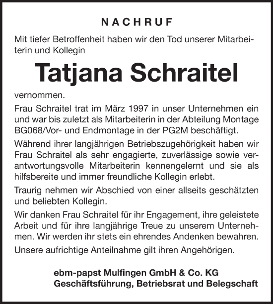 Traueranzeige von Tatjana Schraitel von Fränkische Nachrichten