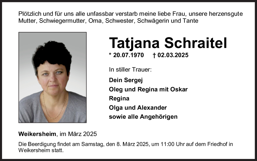  Traueranzeige für Tatjana Schraitel vom 05.03.2025 aus Fränkische Nachrichten