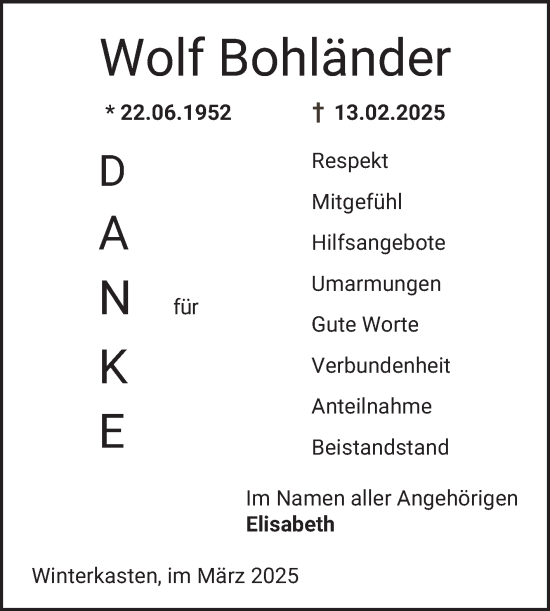 Traueranzeige von Wolf Bohländer von Bergsträßer Anzeiger