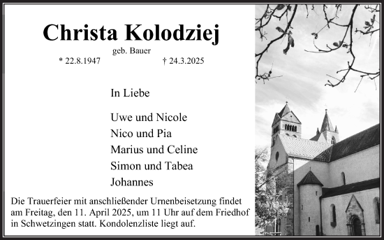 Traueranzeige von Christa Kolodziej von Mannheimer Morgen