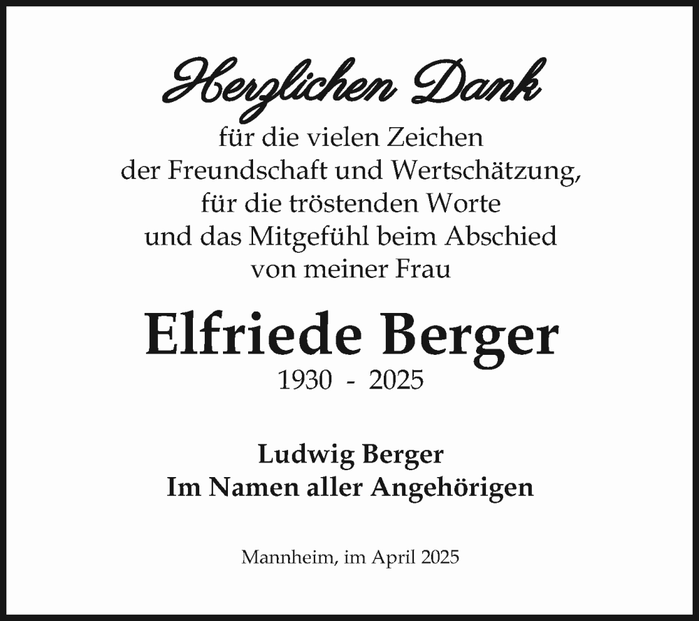  Traueranzeige für Elfriede Berger vom 12.04.2025 aus Mannheimer Morgen