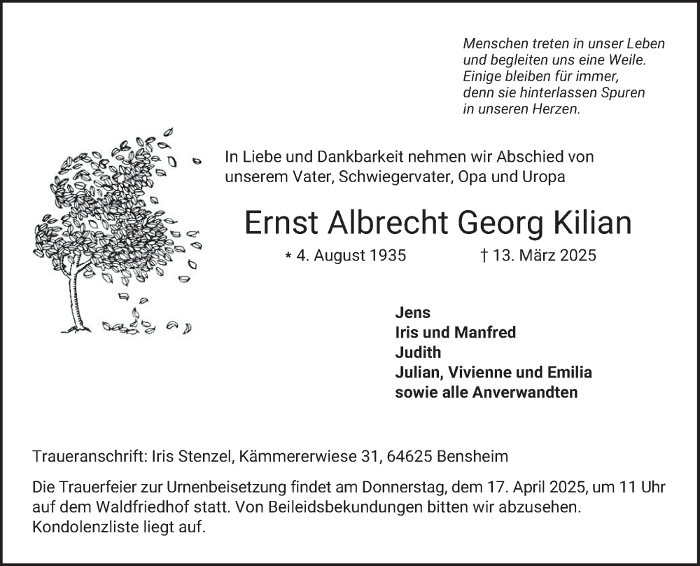  Traueranzeige für Ernst Albrecht Georg Kilian vom 12.04.2025 aus Bergsträßer Anzeiger