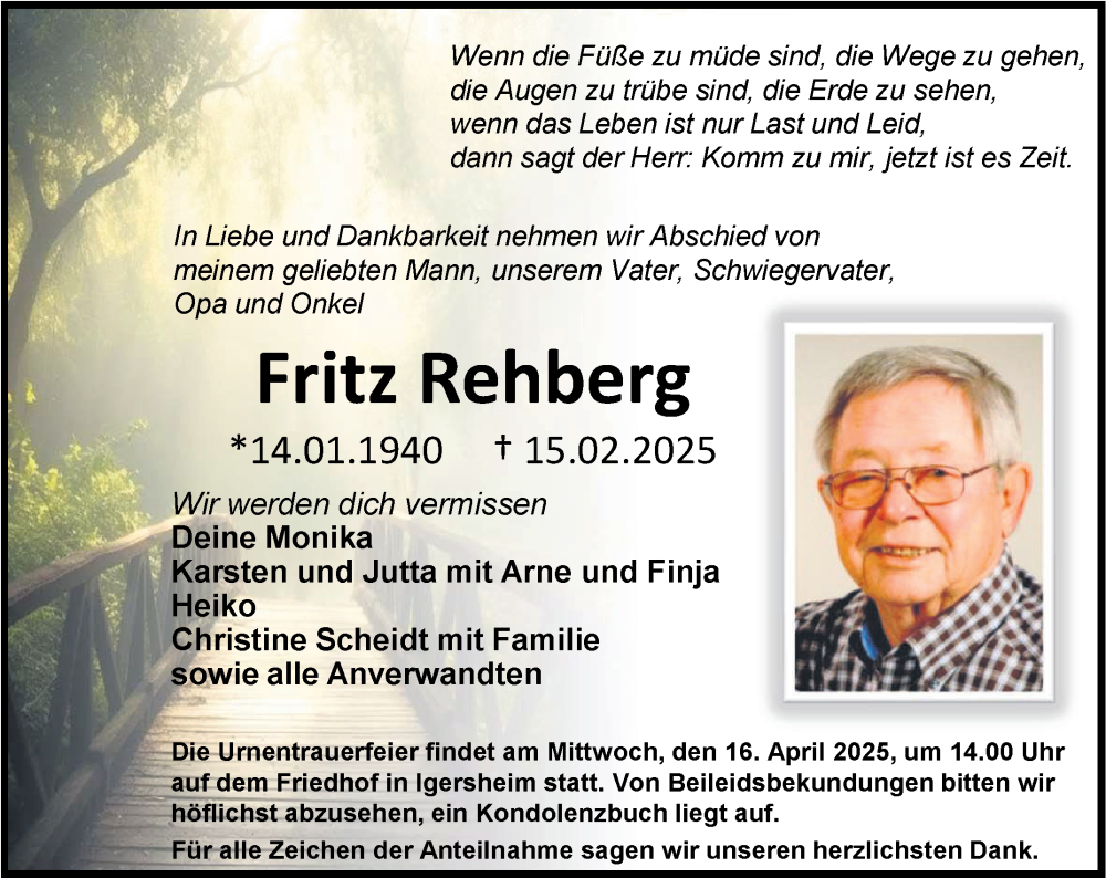  Traueranzeige für Fritz Rehberg vom 11.04.2025 aus Fränkische Nachrichten