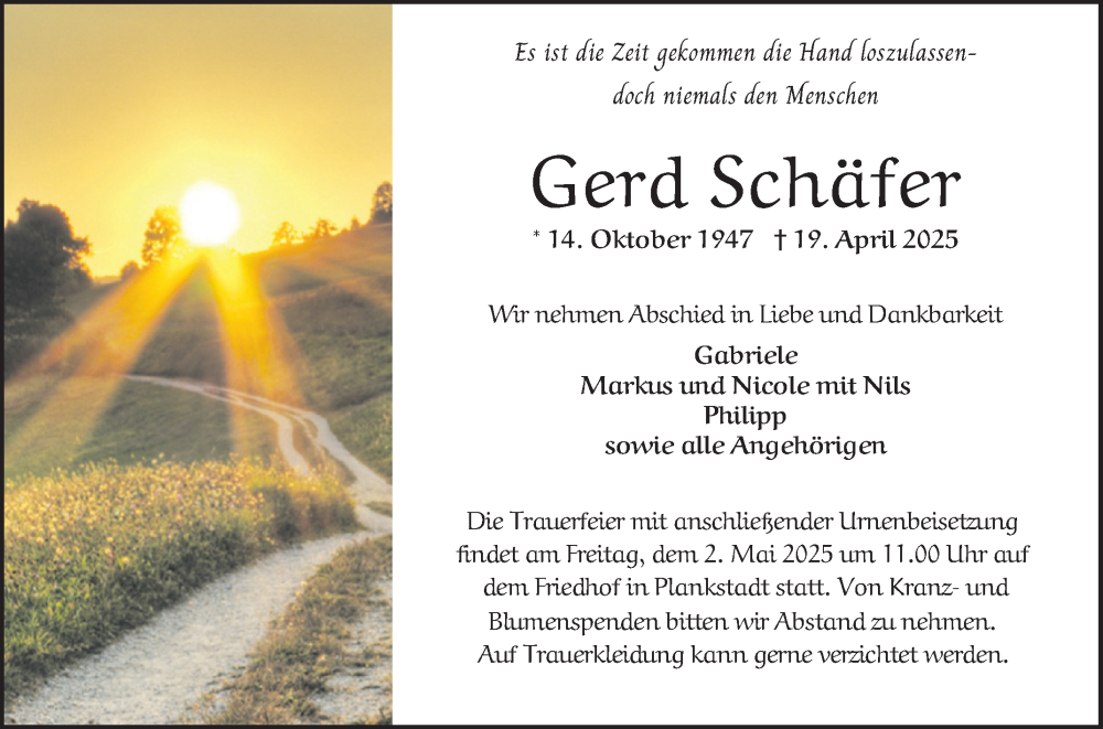  Traueranzeige für Gerd Schäfer vom 26.04.2025 aus Schwetzinger Zeitung