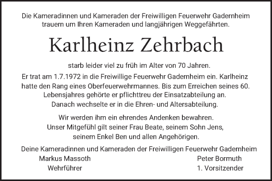 Traueranzeige von Karlheinz Zehrbach von Bergsträßer Anzeiger