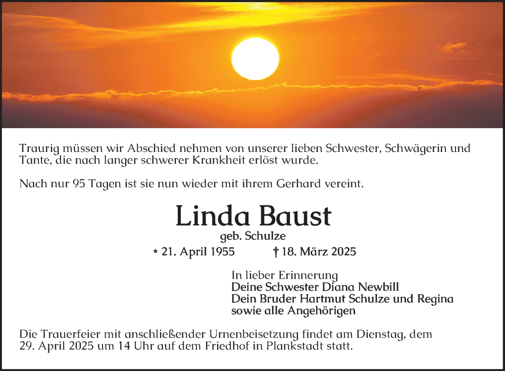  Traueranzeige für Linda Baust vom 26.04.2025 aus Schwetzinger Zeitung