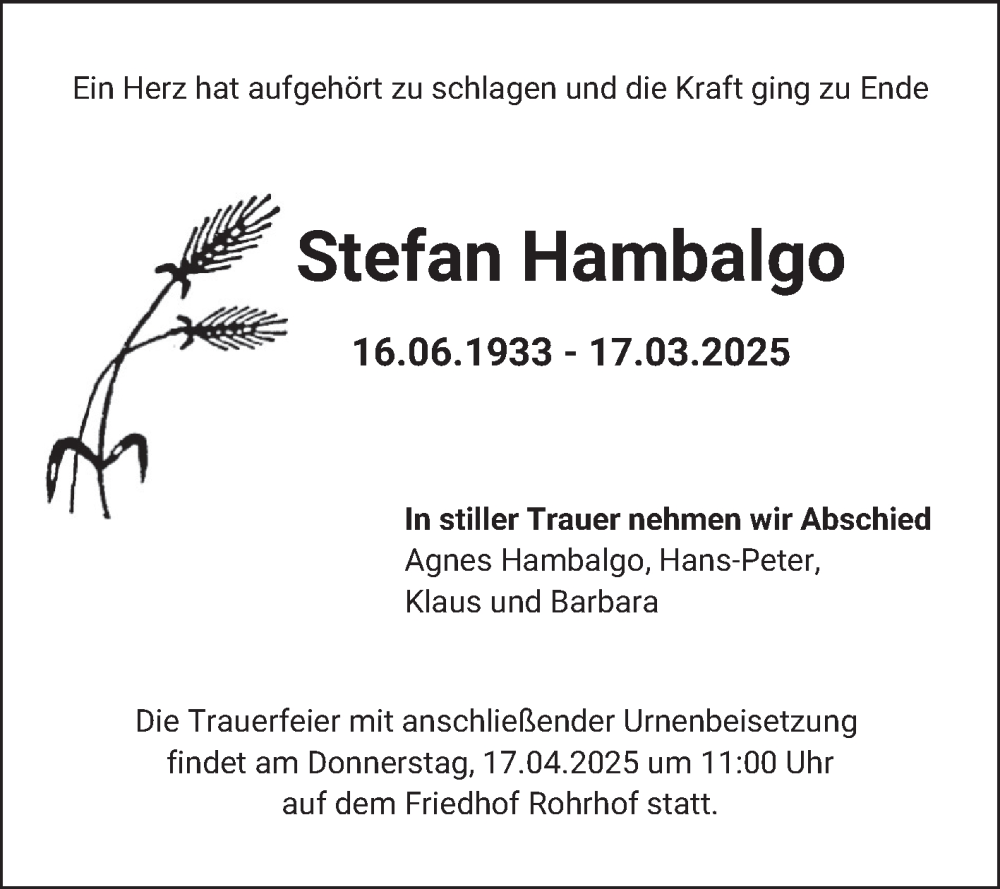  Traueranzeige für Stefan Hambalgo vom 12.04.2025 aus Schwetzinger Zeitung