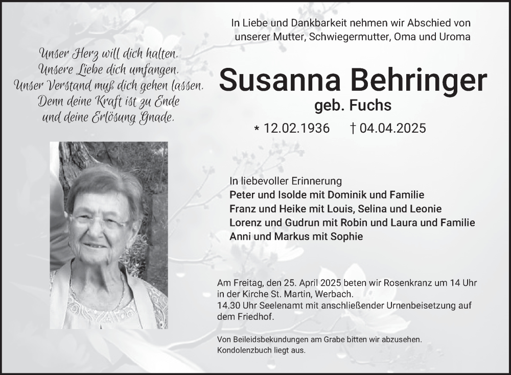  Traueranzeige für Susanna Behringer vom 12.04.2025 aus Fränkische Nachrichten