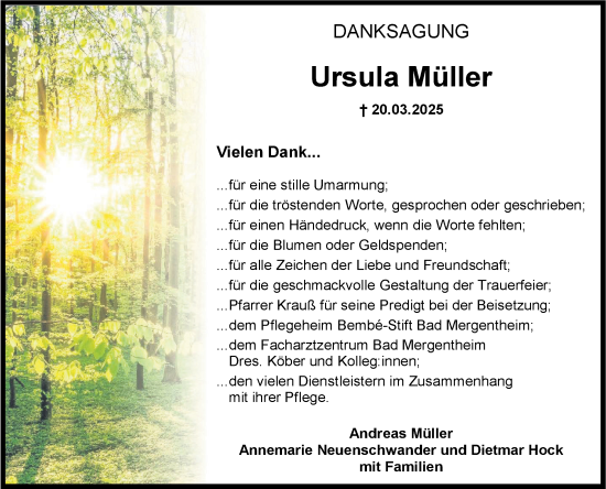 Traueranzeige von Ursula Müller von Fränkische Nachrichten