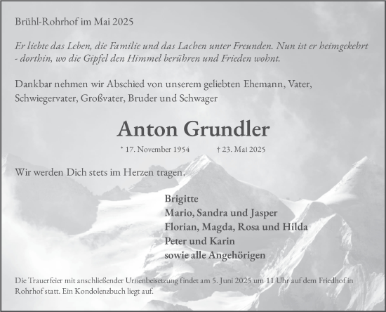 Traueranzeige von Anton Grundler von Schwetzinger Zeitung