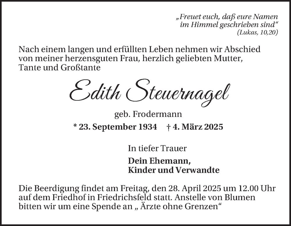  Traueranzeige für Edith Steuernagel vom 19.04.2025 aus Mannheimer Morgen