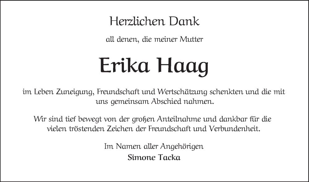  Traueranzeige für Erika Haag vom 24.05.2025 aus Schwetzinger Zeitung