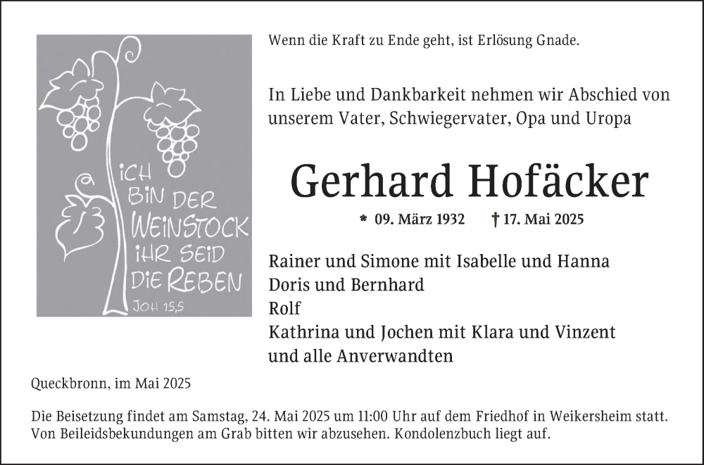  Traueranzeige für Gerhard Hofäcker vom 22.05.2025 aus Fränkische Nachrichten