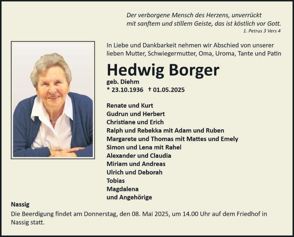  Traueranzeige für Hedwig Borger vom 06.05.2025 aus Fränkische Nachrichten