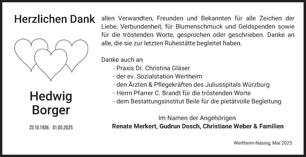  Traueranzeige für Hedwig Borger vom 24.05.2025 aus Fränkische Nachrichten