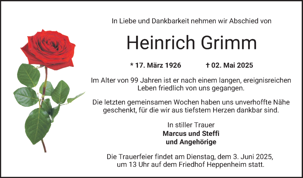  Traueranzeige für Heinrich Grimm vom 31.05.2025 aus Bergsträßer Anzeiger
