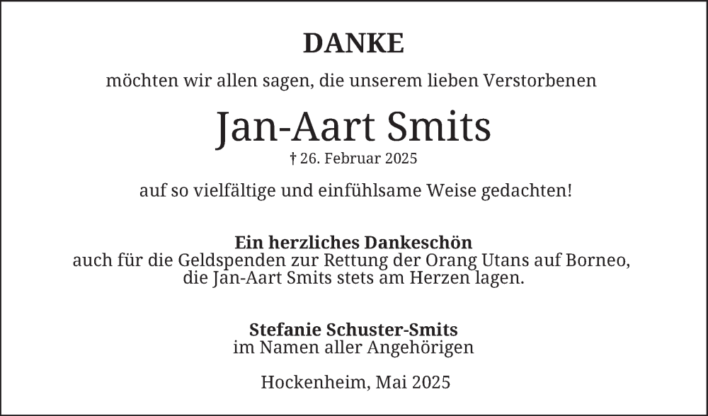  Traueranzeige für Jan-Aart Smits vom 17.05.2025 aus Schwetzinger Zeitung