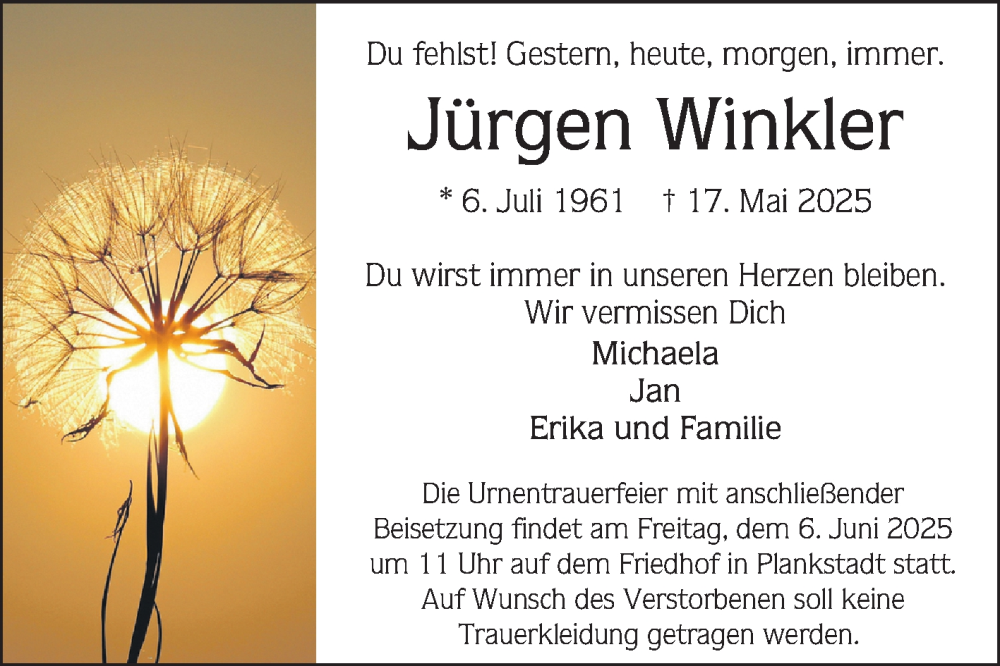  Traueranzeige für Jürgen Winkler vom 31.05.2025 aus Schwetzinger Zeitung