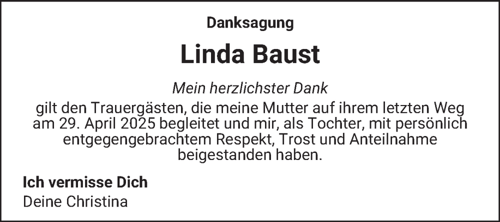  Traueranzeige für Linda Baust vom 03.05.2025 aus Schwetzinger Zeitung