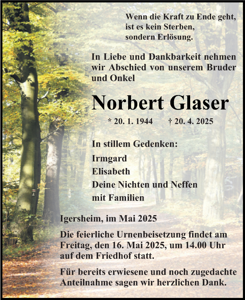  Traueranzeige für Norbert Glaser vom 09.05.2025 aus Fränkische Nachrichten