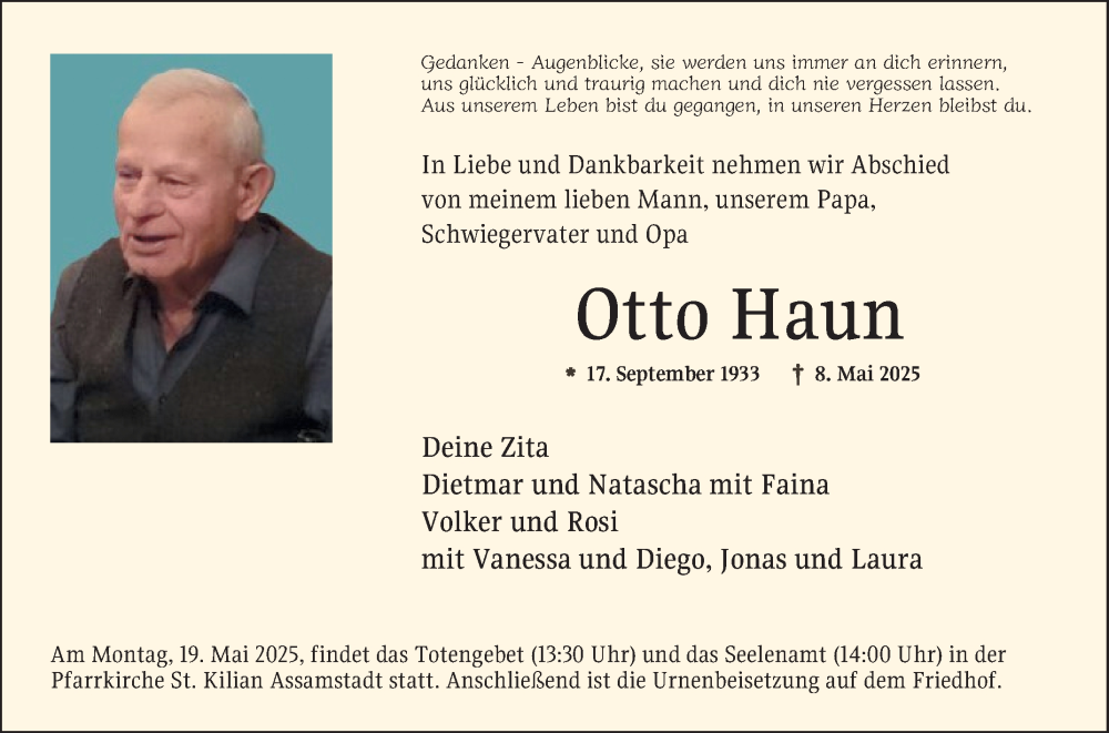  Traueranzeige für Otto Haun vom 17.05.2025 aus Fränkische Nachrichten