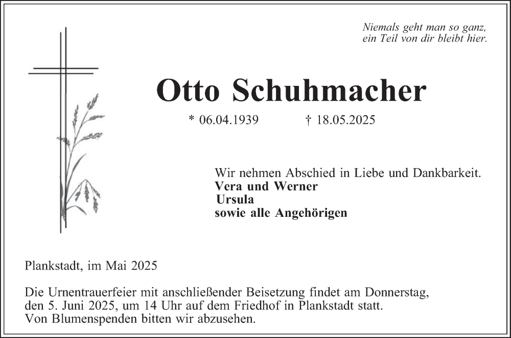  Traueranzeige für Otto Schuhmacher vom 31.05.2025 aus Schwetzinger Zeitung