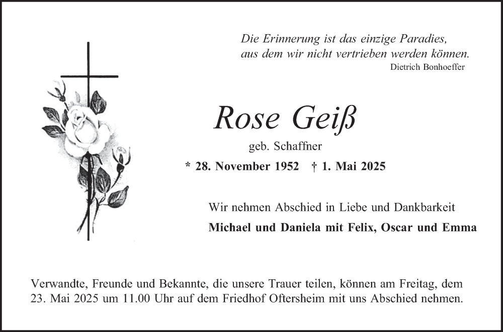  Traueranzeige für Rose Geiß vom 17.05.2025 aus Schwetzinger Zeitung