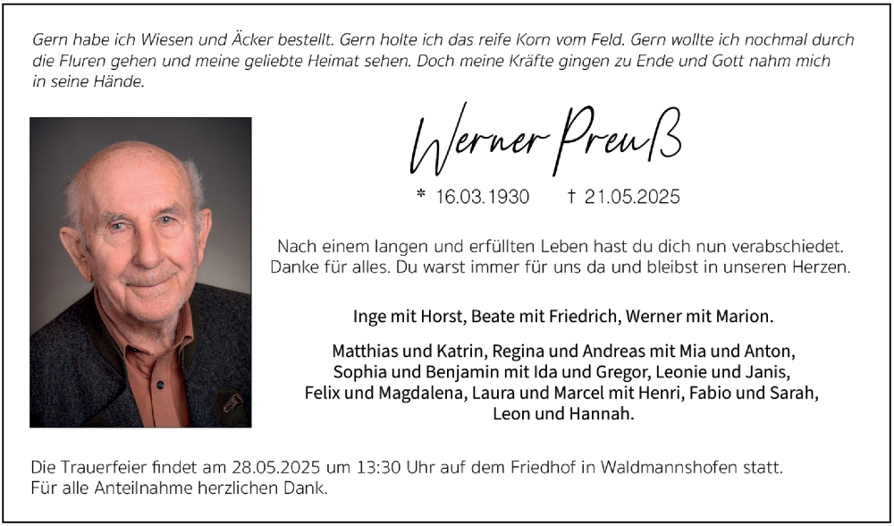  Traueranzeige für Werner Preuß vom 26.05.2025 aus Fränkische Nachrichten
