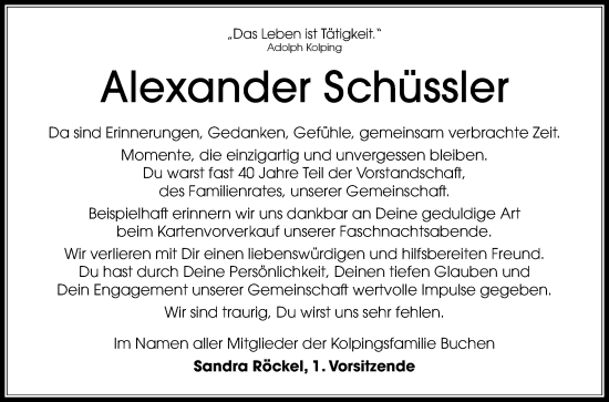 Traueranzeige von Alexander Schüssler von Fränkische Nachrichten
