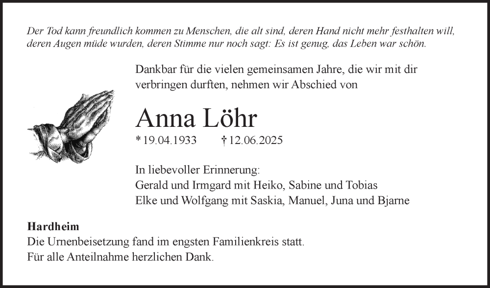  Traueranzeige für Anna Löhr vom 28.06.2025 aus Fränkische Nachrichten
