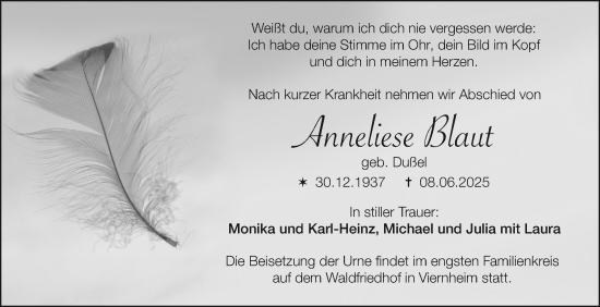 Traueranzeige von Anneliese Blaut von Mannheimer Morgen
