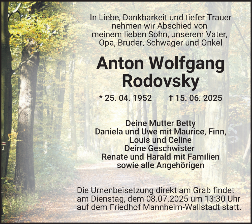  Traueranzeige für Anton Wolfgang Rodovsky vom 28.06.2025 aus Mannheimer Morgen
