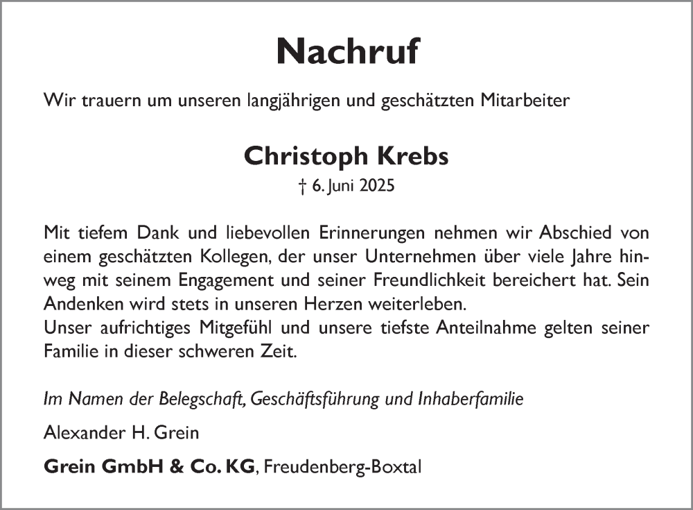  Traueranzeige für Christoph Krebs vom 14.06.2025 aus Fränkische Nachrichten