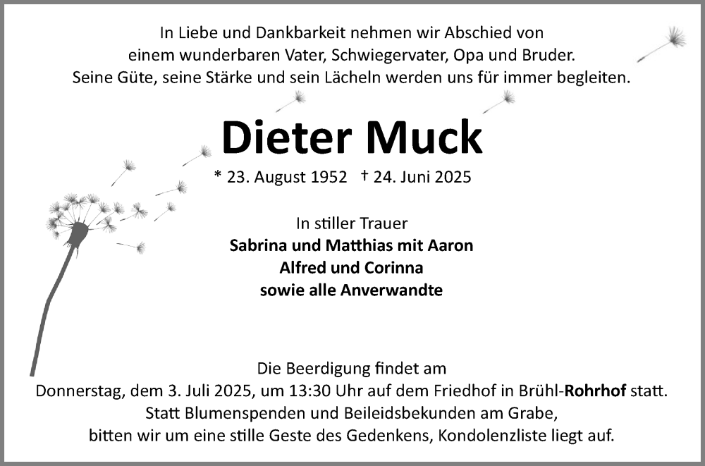  Traueranzeige für Dieter Muck vom 28.06.2025 aus Schwetzinger Zeitung