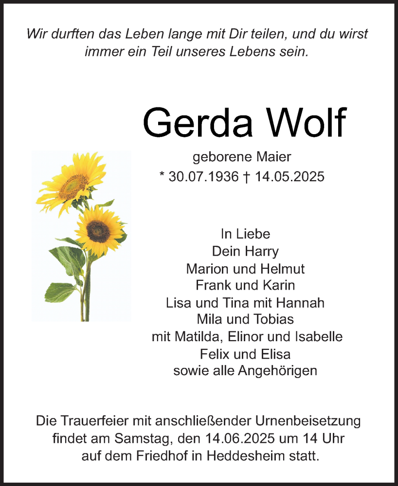  Traueranzeige für Gerda Wolf vom 07.06.2025 aus Mannheimer Morgen