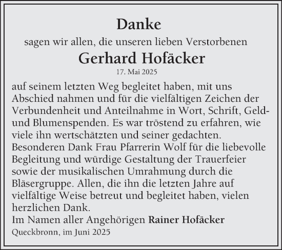 Traueranzeige von Gerhard Hofäcker von Fränkische Nachrichten