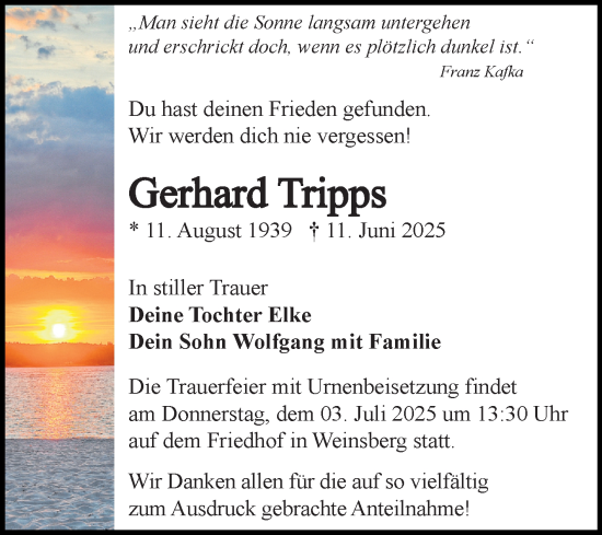 Traueranzeige von Gerhard Tripps von Fränkische Nachrichten