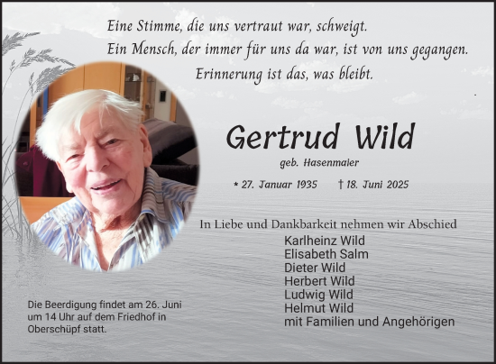 Traueranzeige von Gertrud Wild von Fränkische Nachrichten